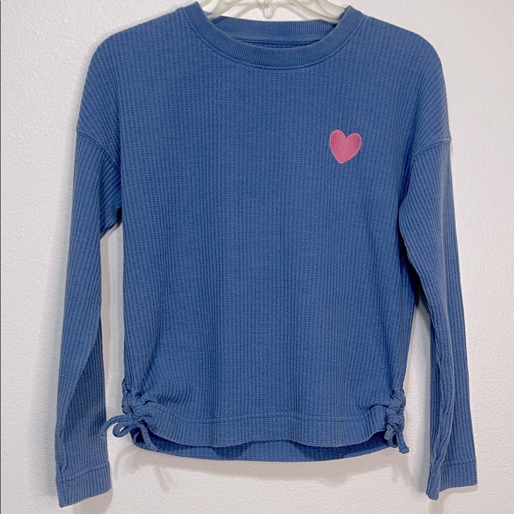 Cozy Blue Long Sleeve Kids Tee with Pink Heart Size 14 EUC
